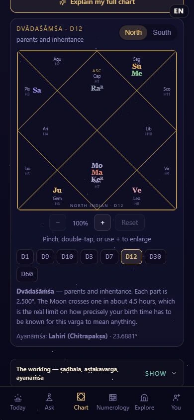 Actual Antaryami Dvadasamsa D12 chart and family-themed division label with fictional adult data.