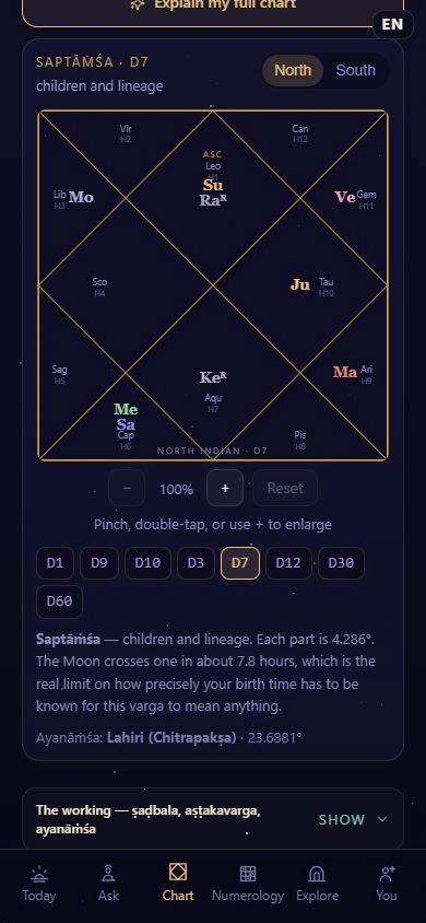 Actual Antaryami Saptamsa D7 divisional chart using a fictional adult example.