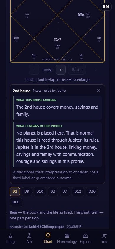Actual Antaryami second-house detail showing resources and family themes for a fictional adult example.