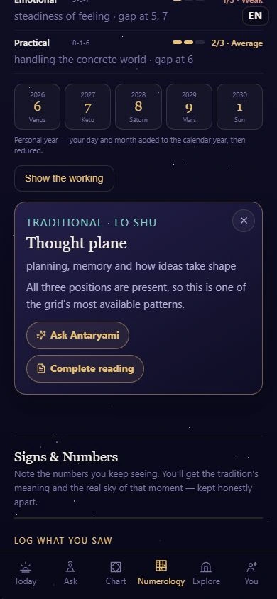 Actual Antaryami Lo Shu grid and selected plane explanation with fictional adult date information.