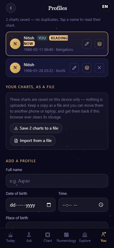 Actual Antaryami profile-file controls in a fictional adult app preview, without exposing real birth records.