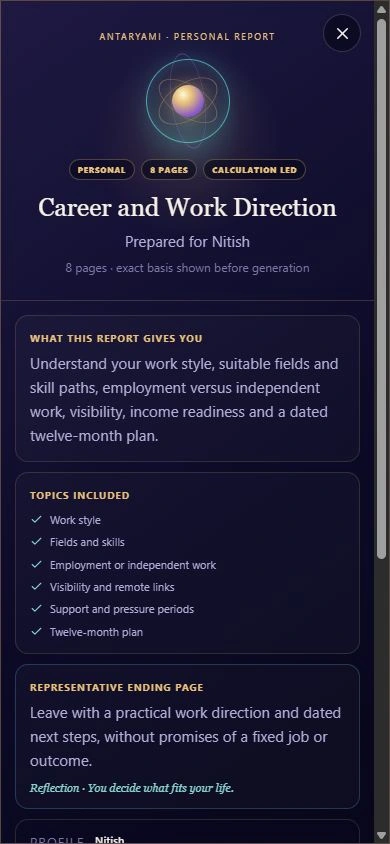 Actual Antaryami Career and Work Direction catalogue preview, showing report scope with fictional adult information.
