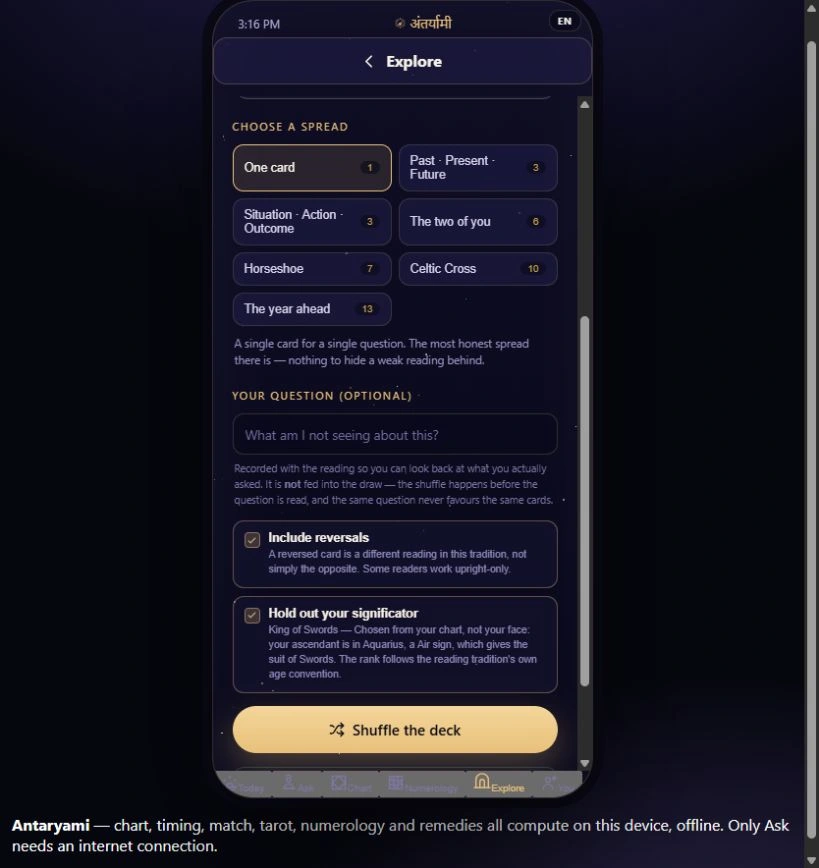 Actual Antaryami Tarot setup preview showing the optional question field and reversal and significator controls.