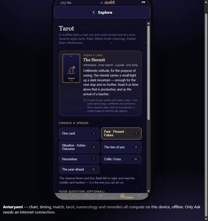 Actual Antaryami Tarot preview showing the daily card and spread choices for a fictional adult profile.