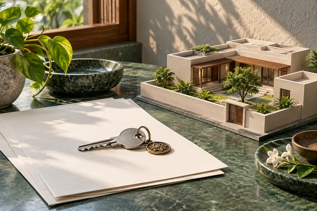 A house key, blank property papers and a miniature courtyard home.