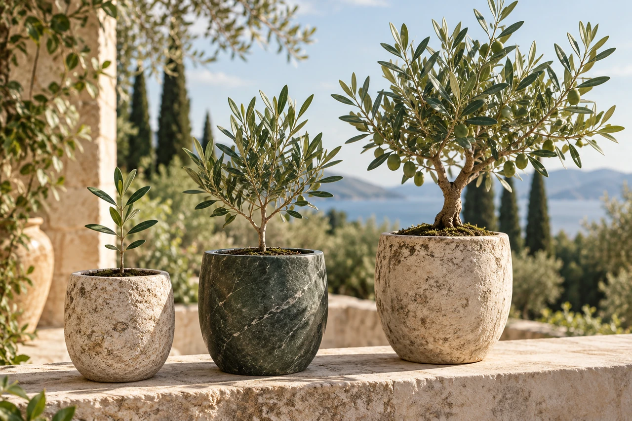 Three young plants growing in different stone pots, suggesting care across generations.