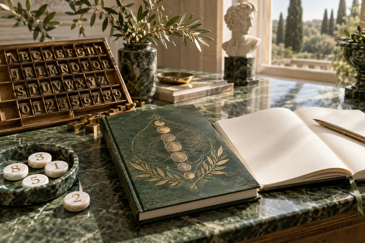 Illustrative brass alphabet blocks, marble counting counters and an open journal in a sunlit study.