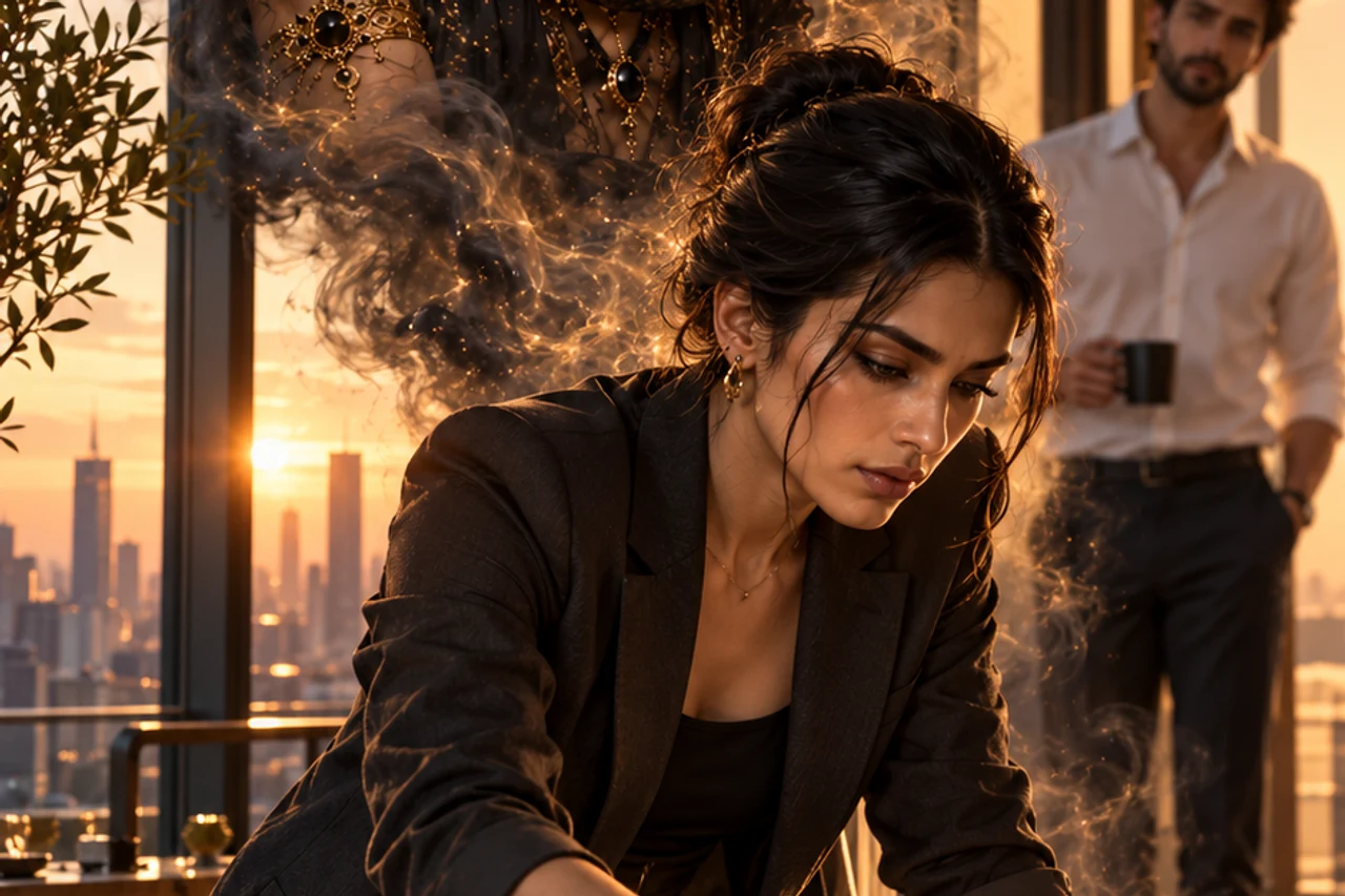 An ambitious designer at a studio desk beneath symbolic celestial Rahu artwork
