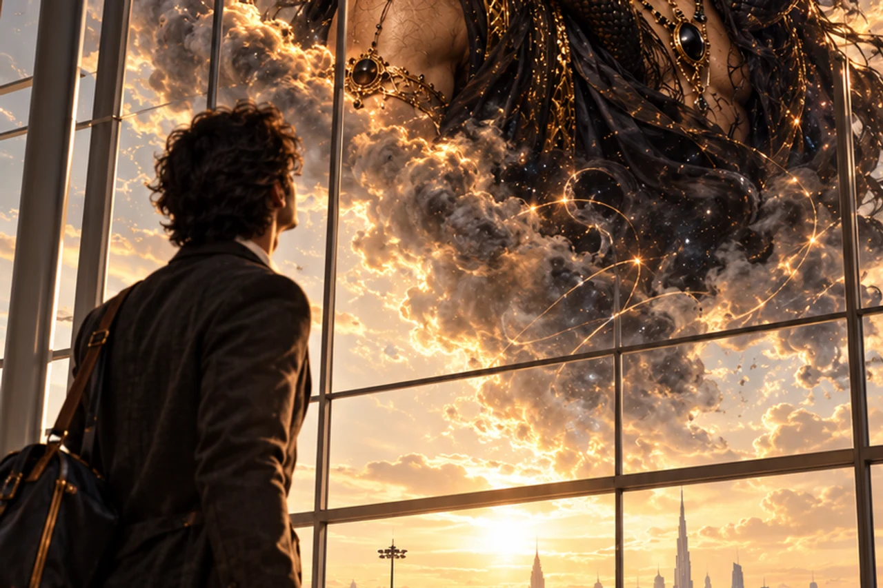 A traveller at a glass-walled terminal beneath a large symbolic Rahu figure