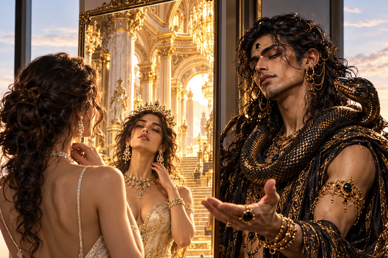 A symbolic Rahu reflection behind a person considering an ornate golden mirror