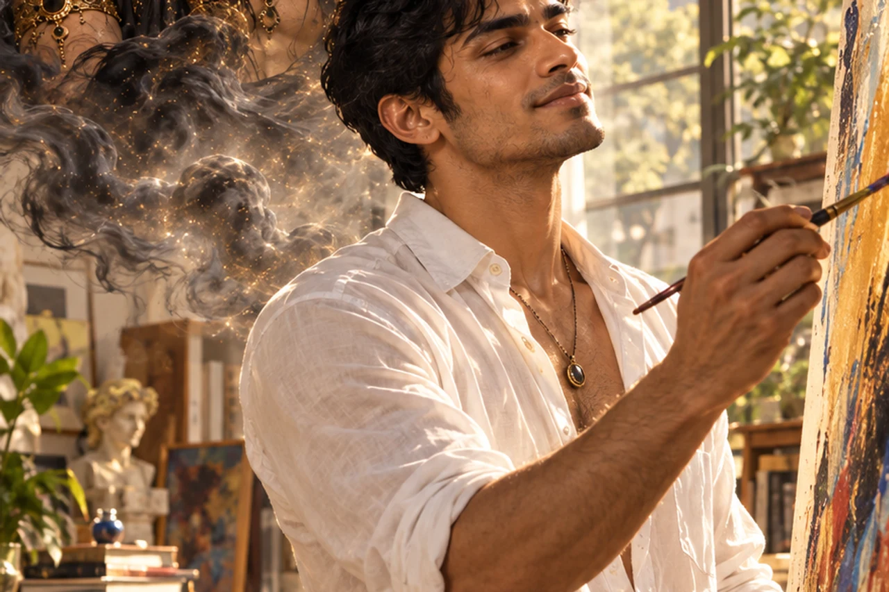 A person developing an unfinished creative work in a sunlit studio beneath Rahu