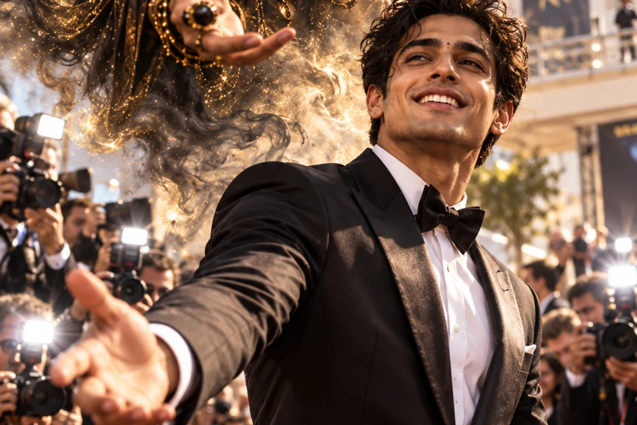A smiling person on a red carpet beneath Rahu, illustrating public visibility