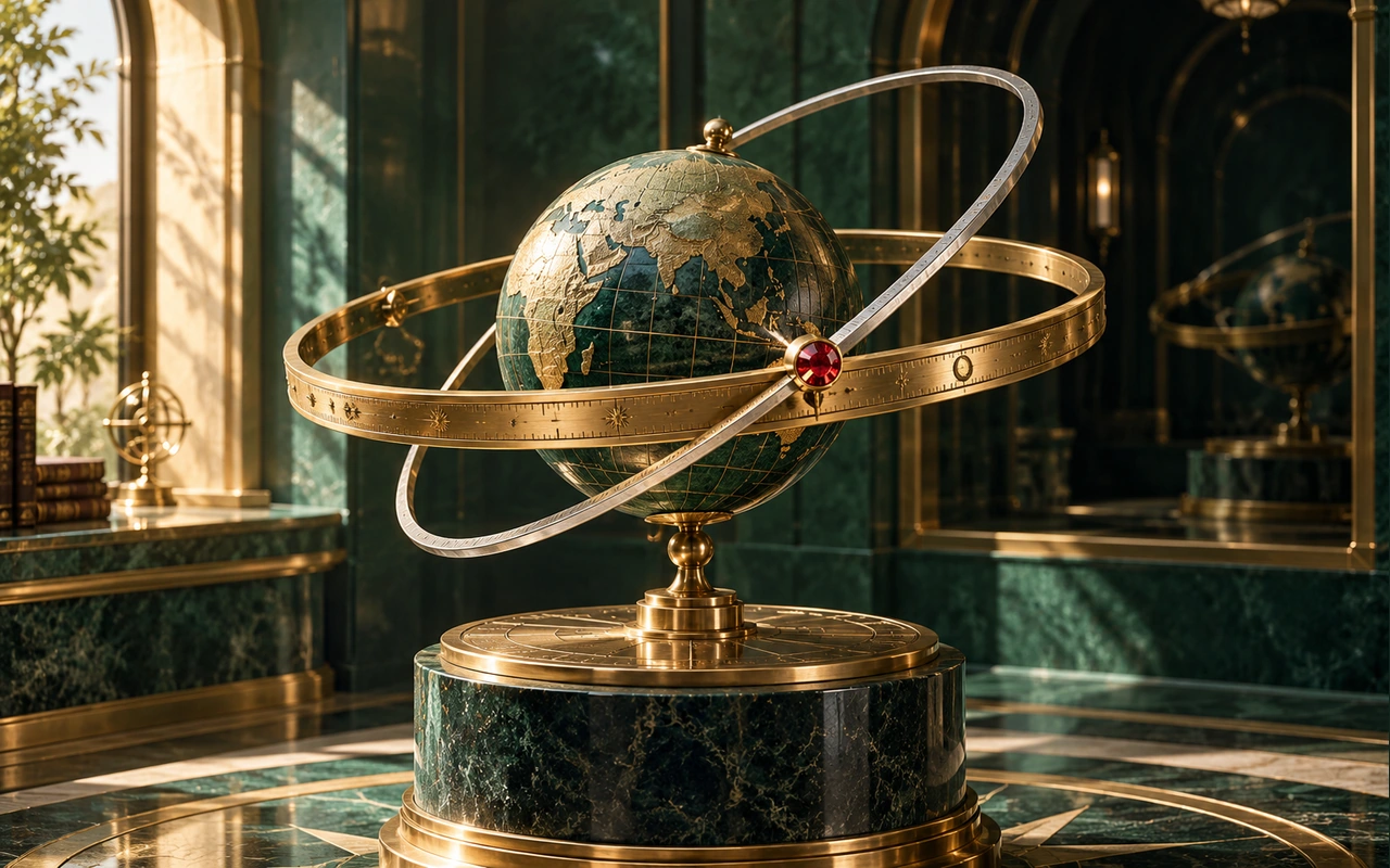 An orbital sculpture highlights a ring intersection with a ruby inset, symbolising Rahu as a point rather than a planet.
