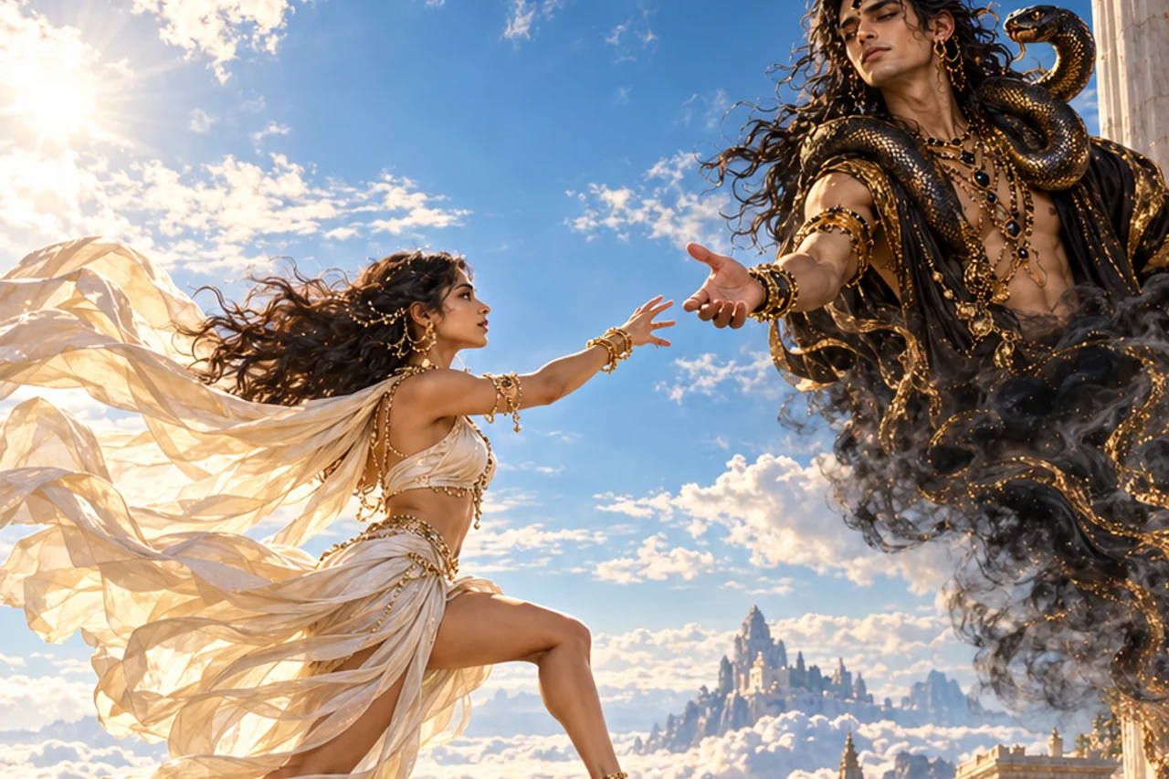 A symbolic leap between luminous terraces beneath celestial Rahu artwork