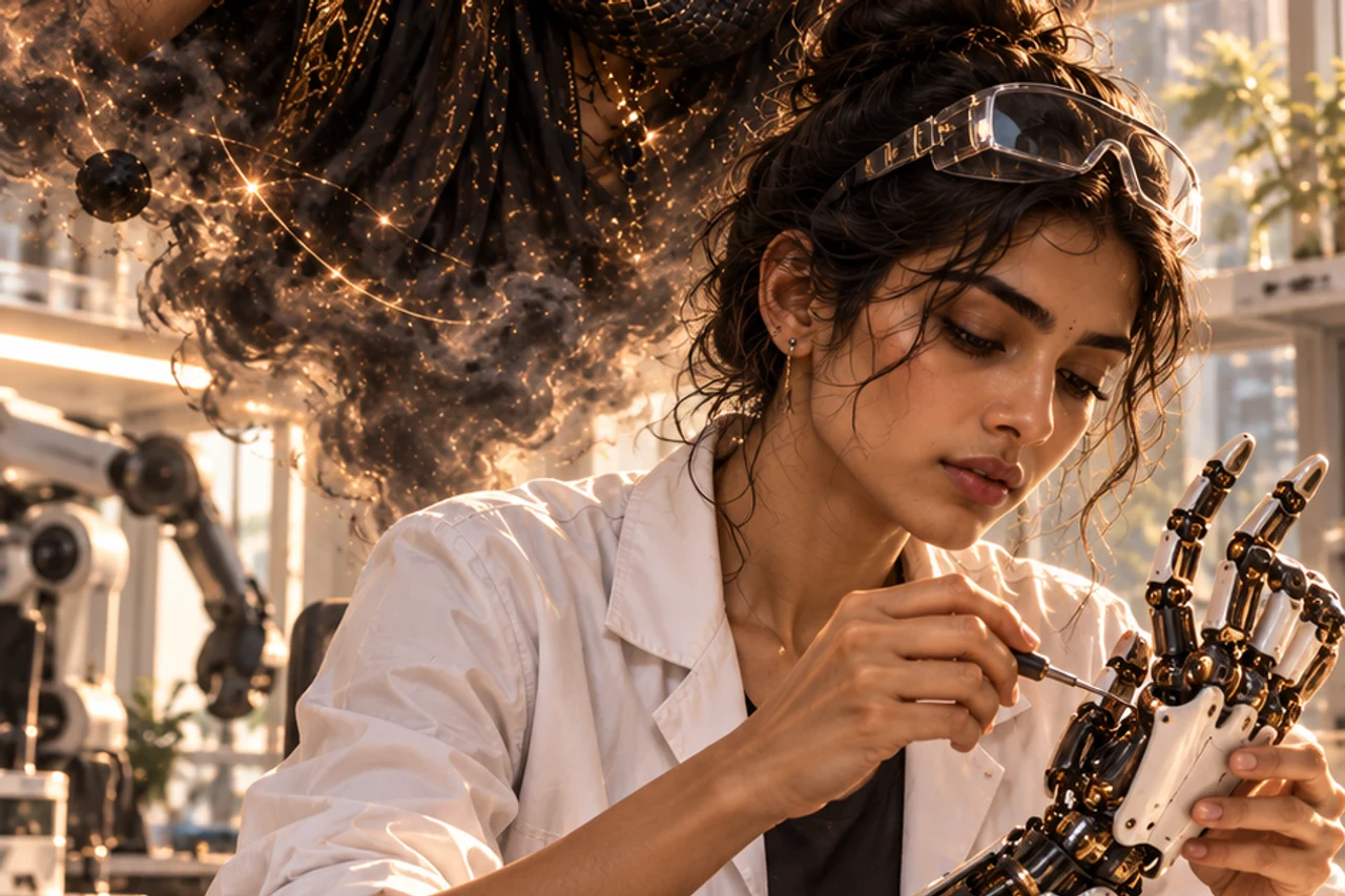 A researcher assembling a robotic hand beneath an imaginative celestial Rahu figure