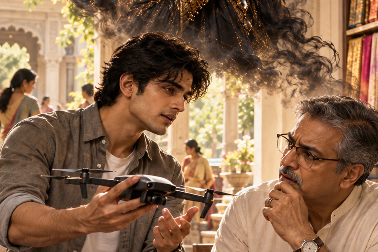 A young craftsperson discussing an unfamiliar design with an older mentor beneath Rahu