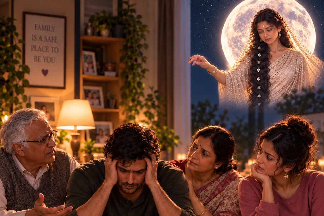 Illustrative family conversation in a warm room with a symbolic Moon portrait above the gathering.