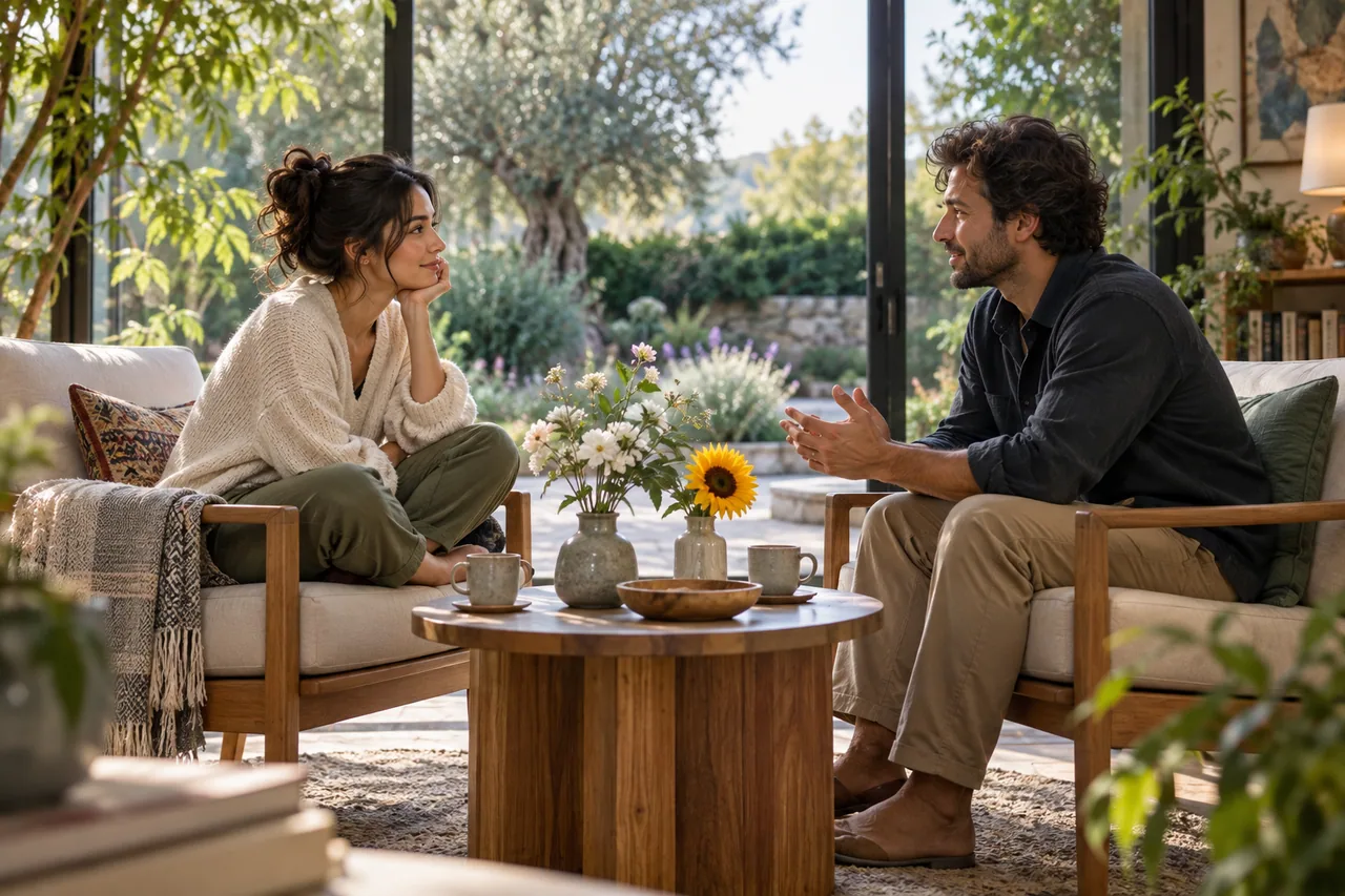 Two comfortable chairs facing each other across a small table with two different flowers.