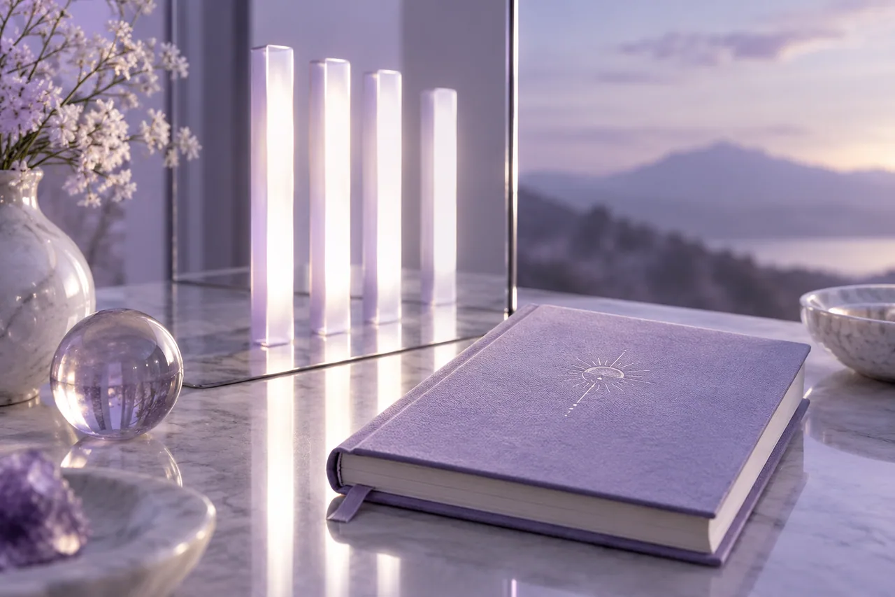 A sculptural arrangement of four identical simple light bars reflected in glass beside a closed journal.