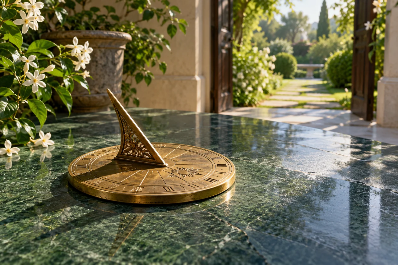 A brass sundial casting a clear morning shadow on green stone beside an open garden doorway.