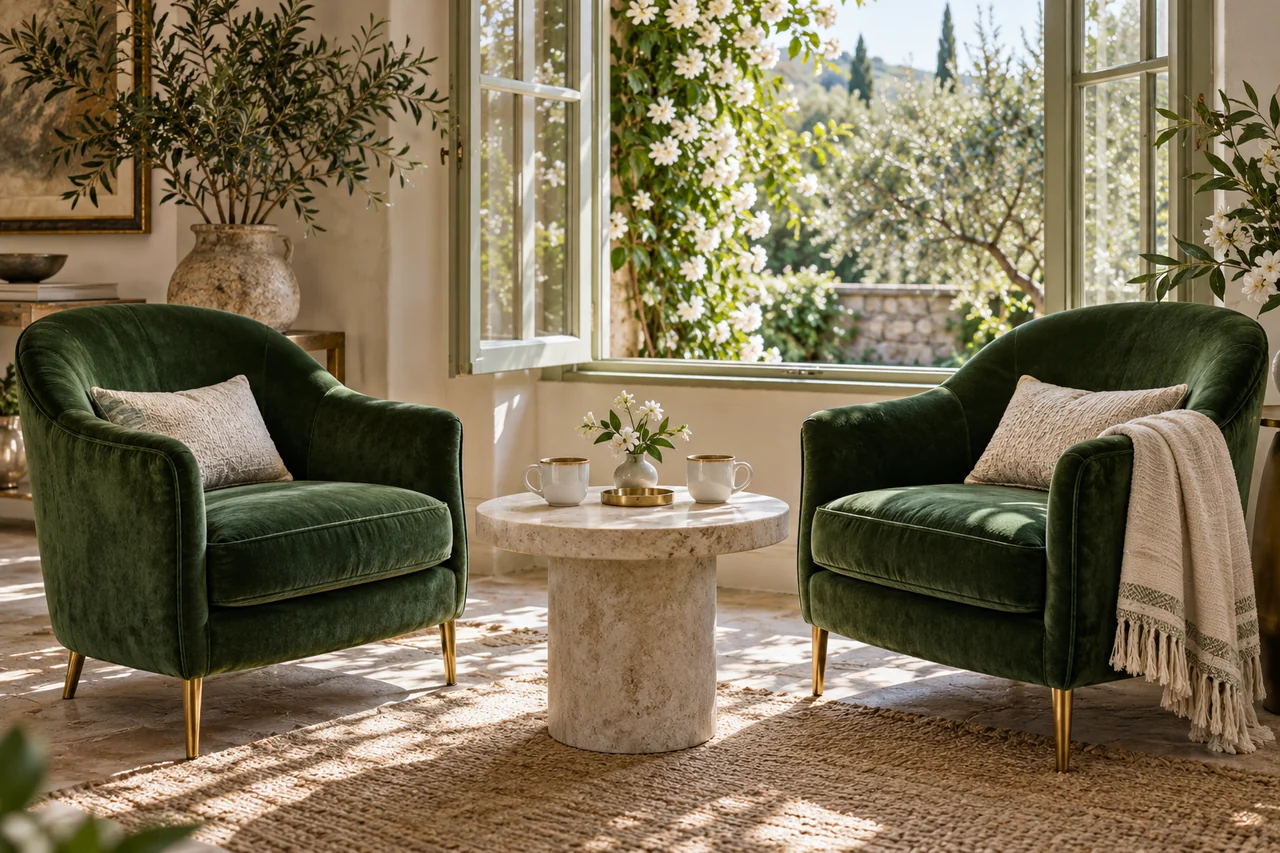 Two green upholstered chairs facing a small table with two cups in a quiet sunlit garden room.