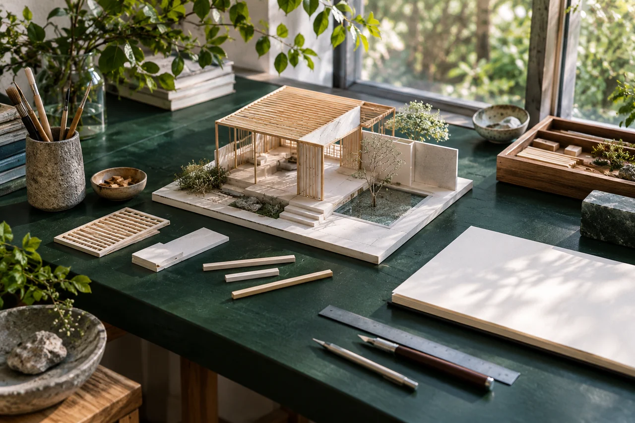 A partly assembled architectural study model and neatly arranged tools on a bright green studio workbench.