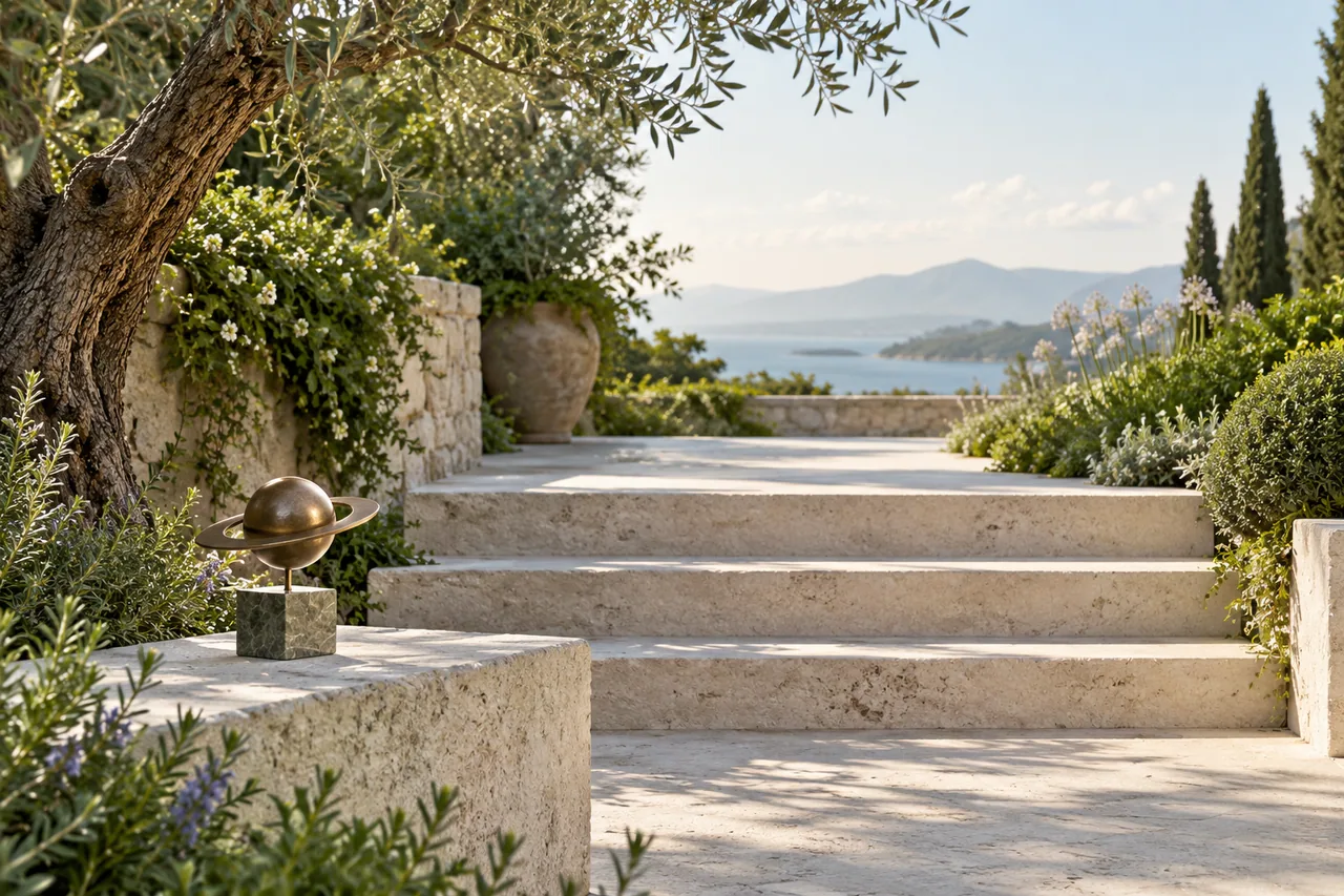 Three garden steps beside a small Saturn sculpture, suggesting a calm passage through time.