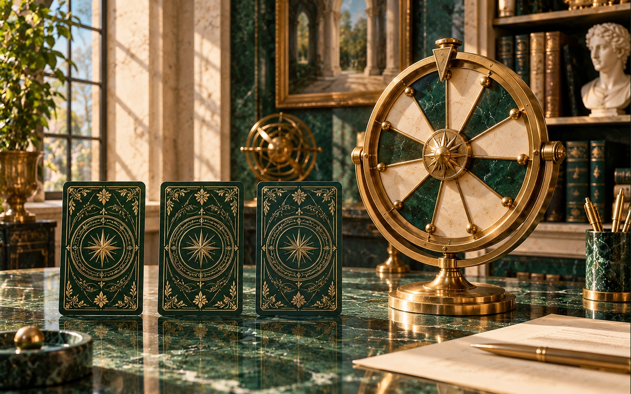 Three original card backs beside a polished magnifying lens and a reading notebook; conceptual repetition imagery, not records of three real draws.