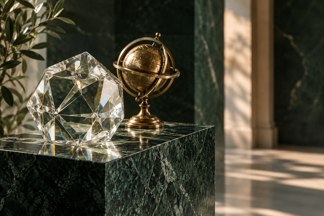 A faceted glass sculpture beside a brass celestial sphere, an illustrative study of division and perspective.