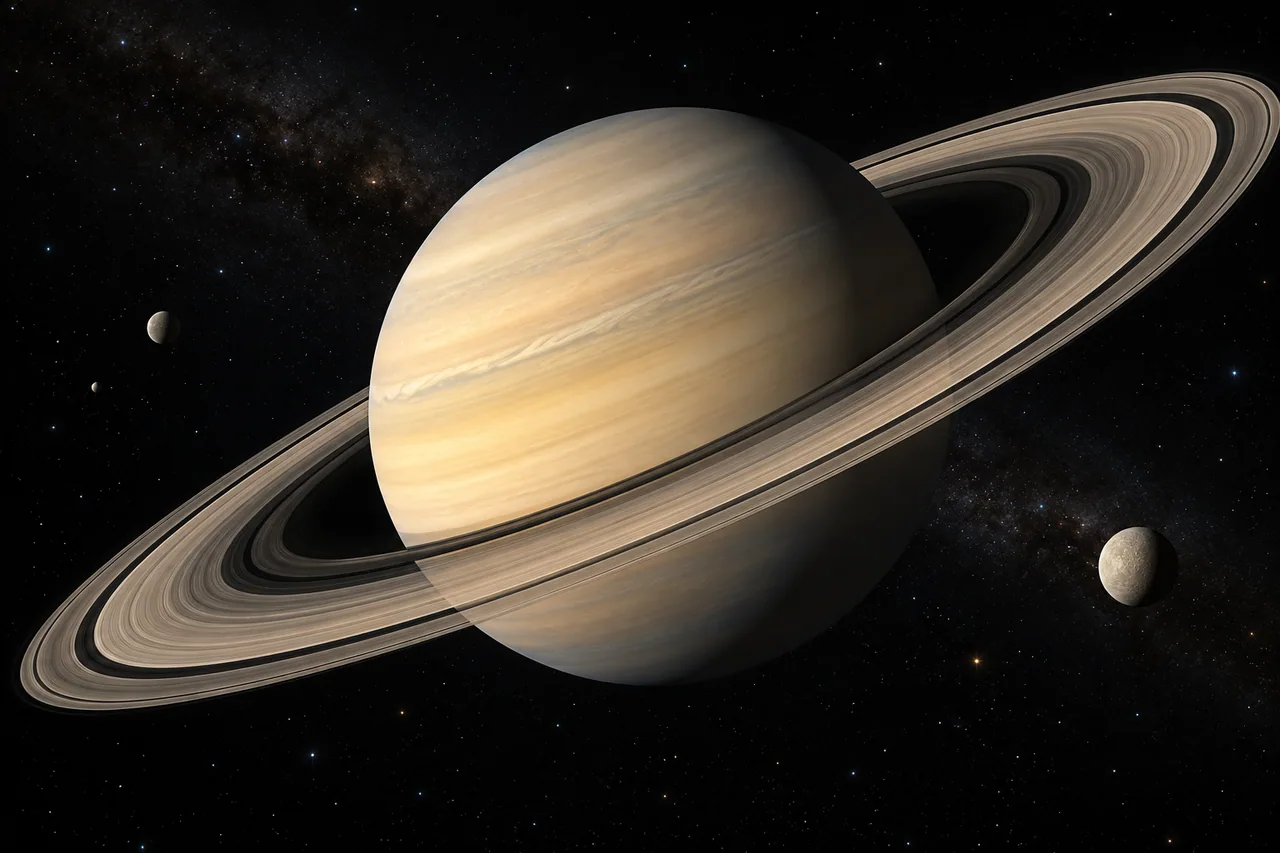 An illustrative Saturn portrait with its broad tilted ring system.