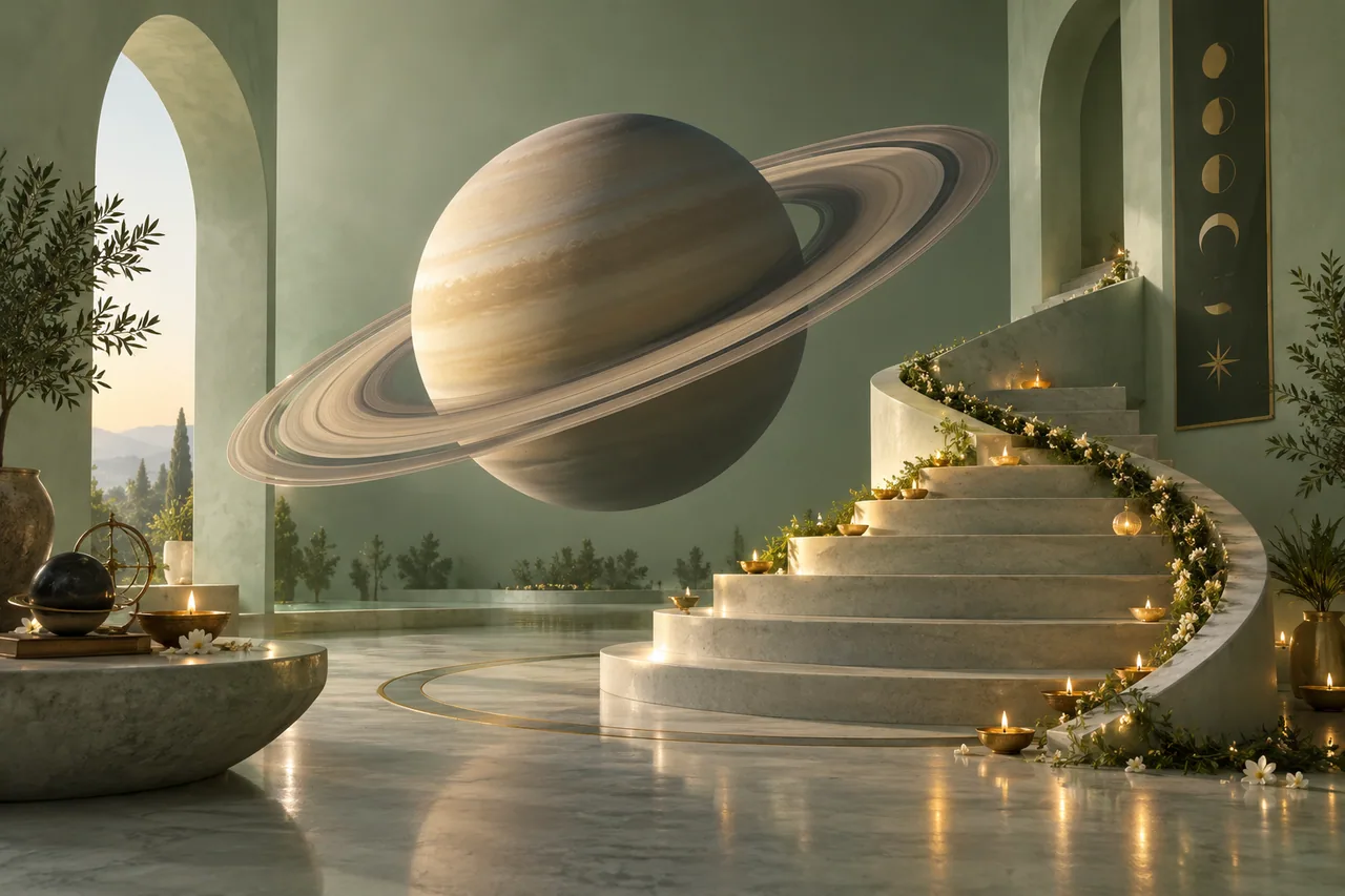 An artistic accurate-looking Saturn with a visibly broad tilted ring system beside a sculptural slow staircase in a clean pale green gallery scene.