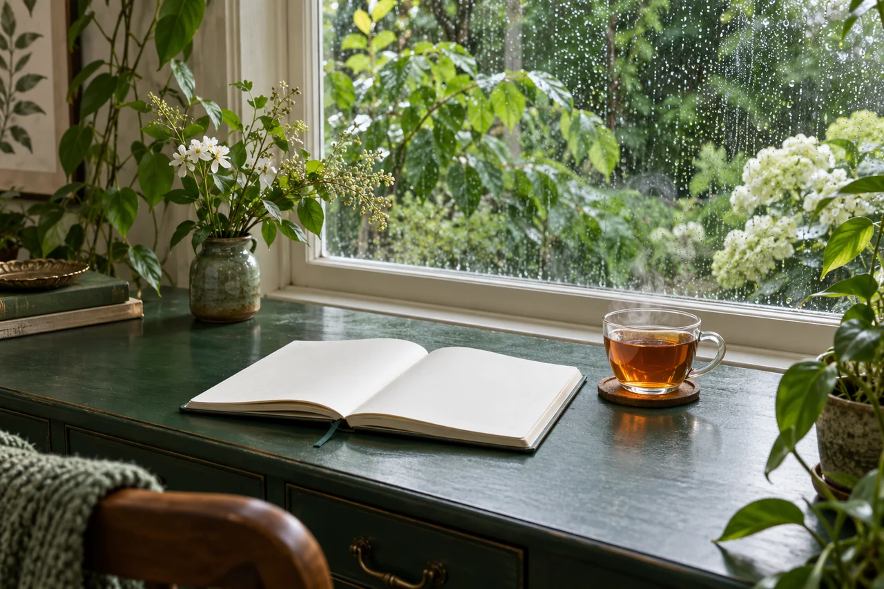 A rain-speckled window above a green writing desk, with fresh foliage, a notebook and a clear cup of tea.