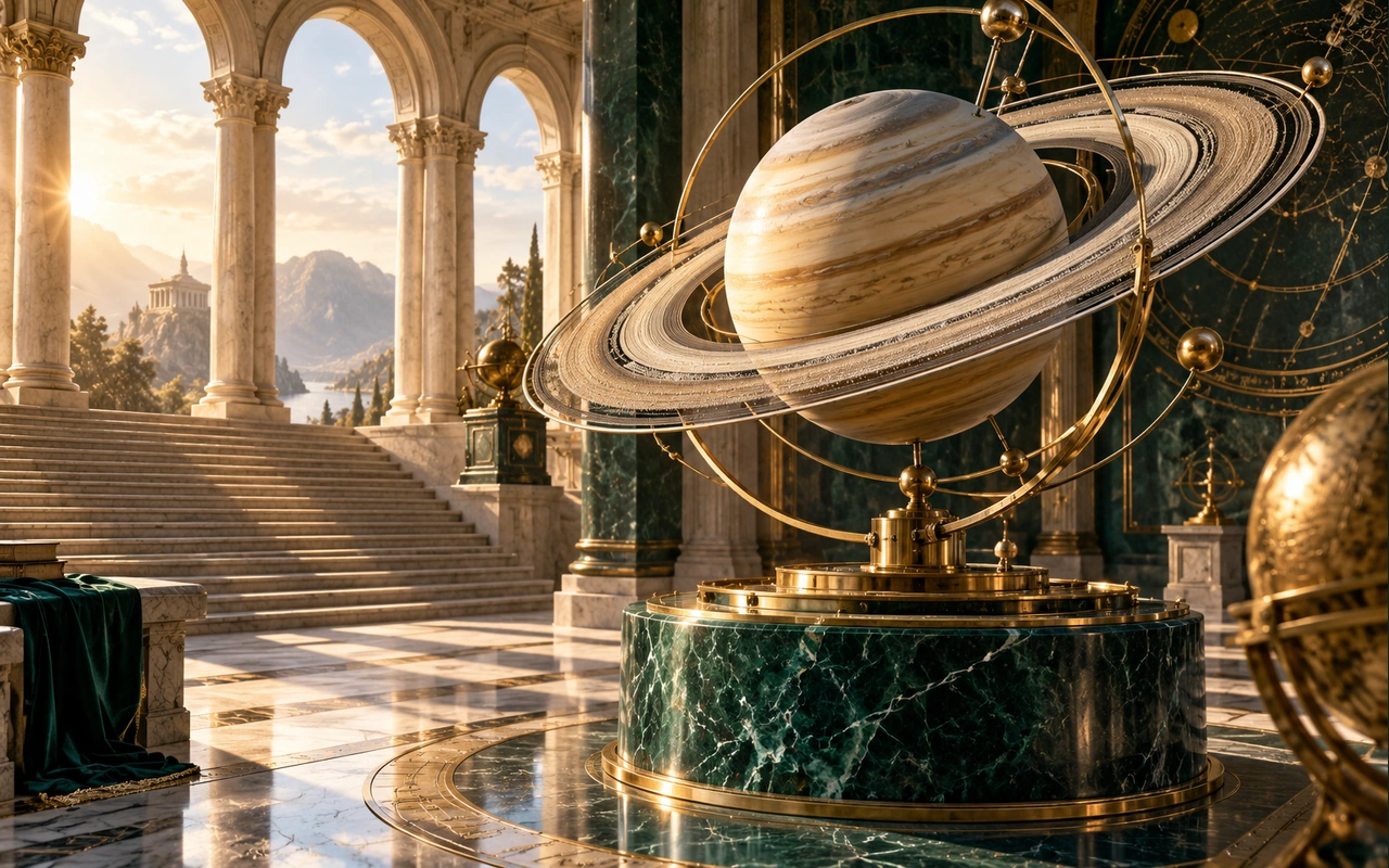 A finely detailed ringed Saturn model above an emerald plinth beside a sunlit colonnade.