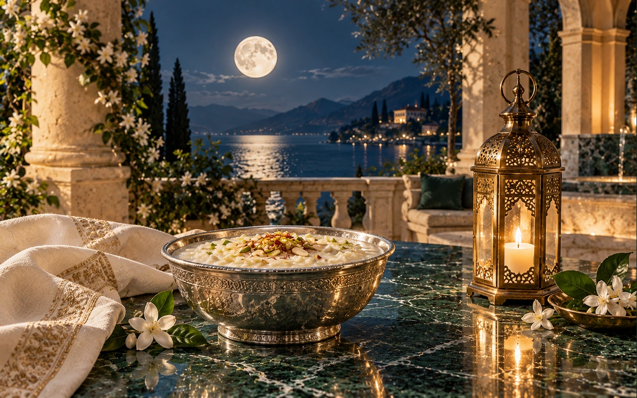 A silver bowl of rice pudding and brass lantern in an imagined moonlit emerald courtyard; conceptual festival artwork, not an astronomical observation.