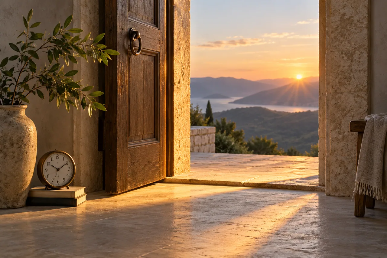 Sunrise light across a doorway threshold beside a clock and green branch.