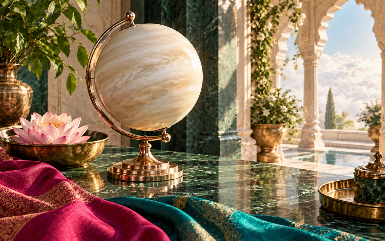 A cloud-covered Venus model beside a lotus bowl and jewel-toned textiles.