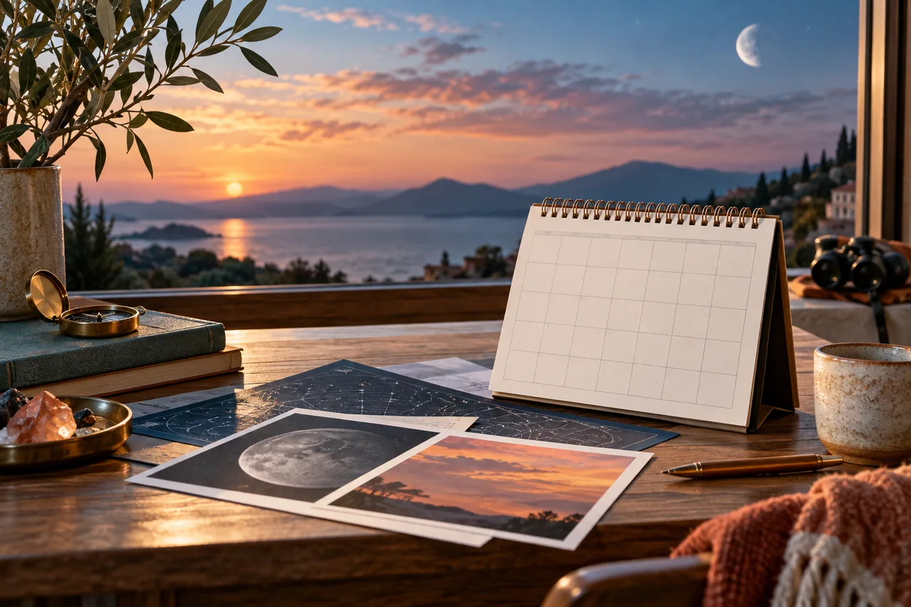 Original editorial illustration for A sky calendar is not your personal horoscope; symbolic artwork, not a measured personal chart.