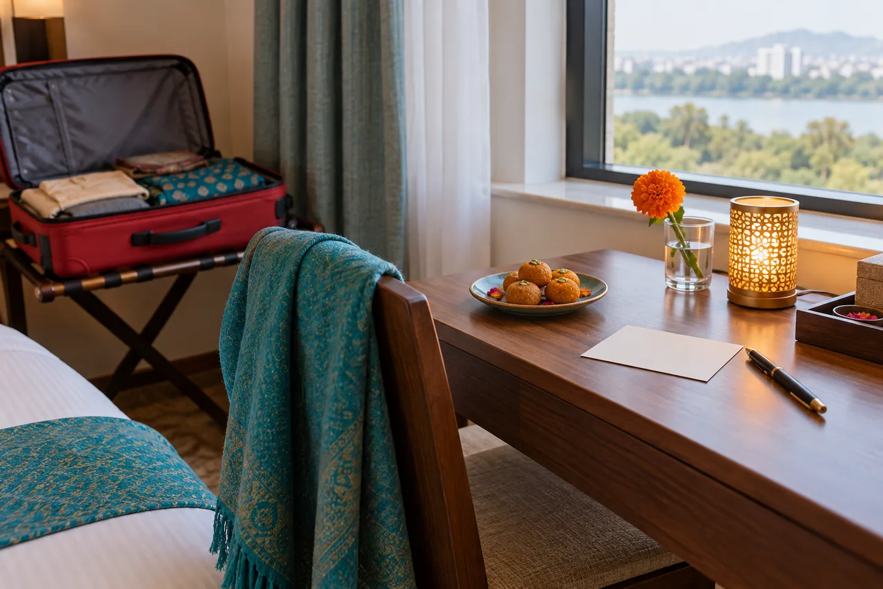 A hotel desk with festive sweets, a flower, a blank postcard and a warm lamp beside a packed suitcase.