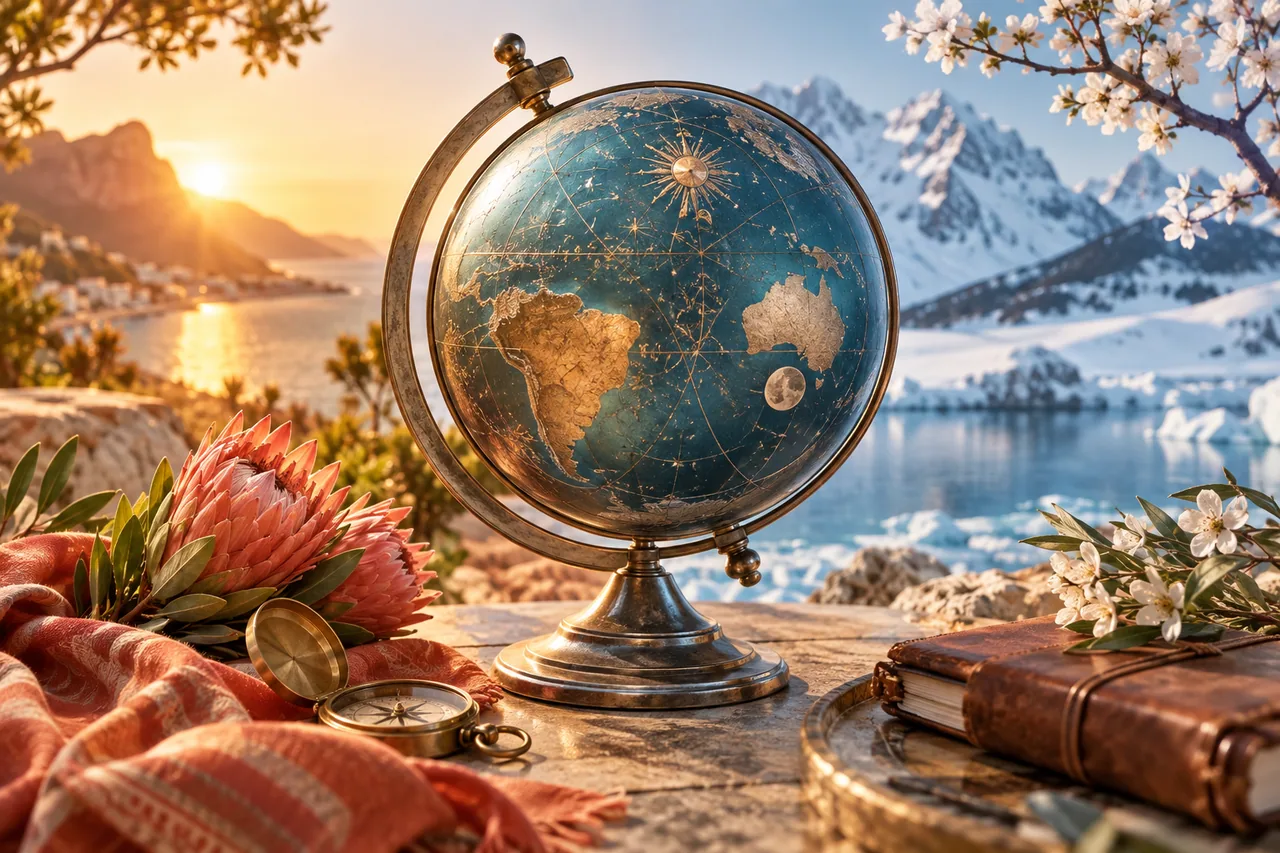 Original editorial illustration for Seasonal astrology in the Southern Hemisphere: name the convention; symbolic artwork, not a measured personal chart.