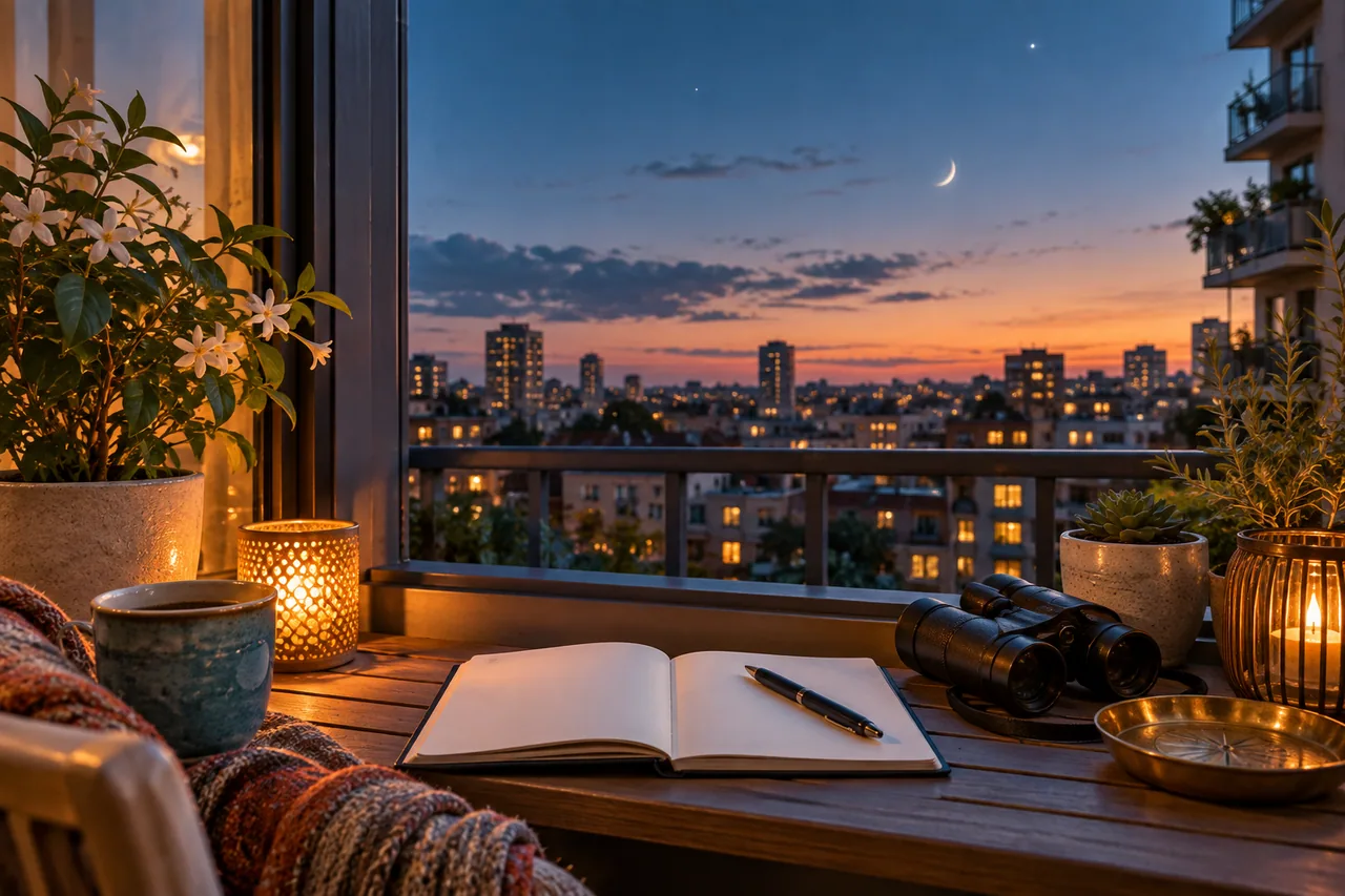 Original editorial illustration for Stargazing from a city balcony: make the small view count; symbolic artwork, not a measured personal chart.
