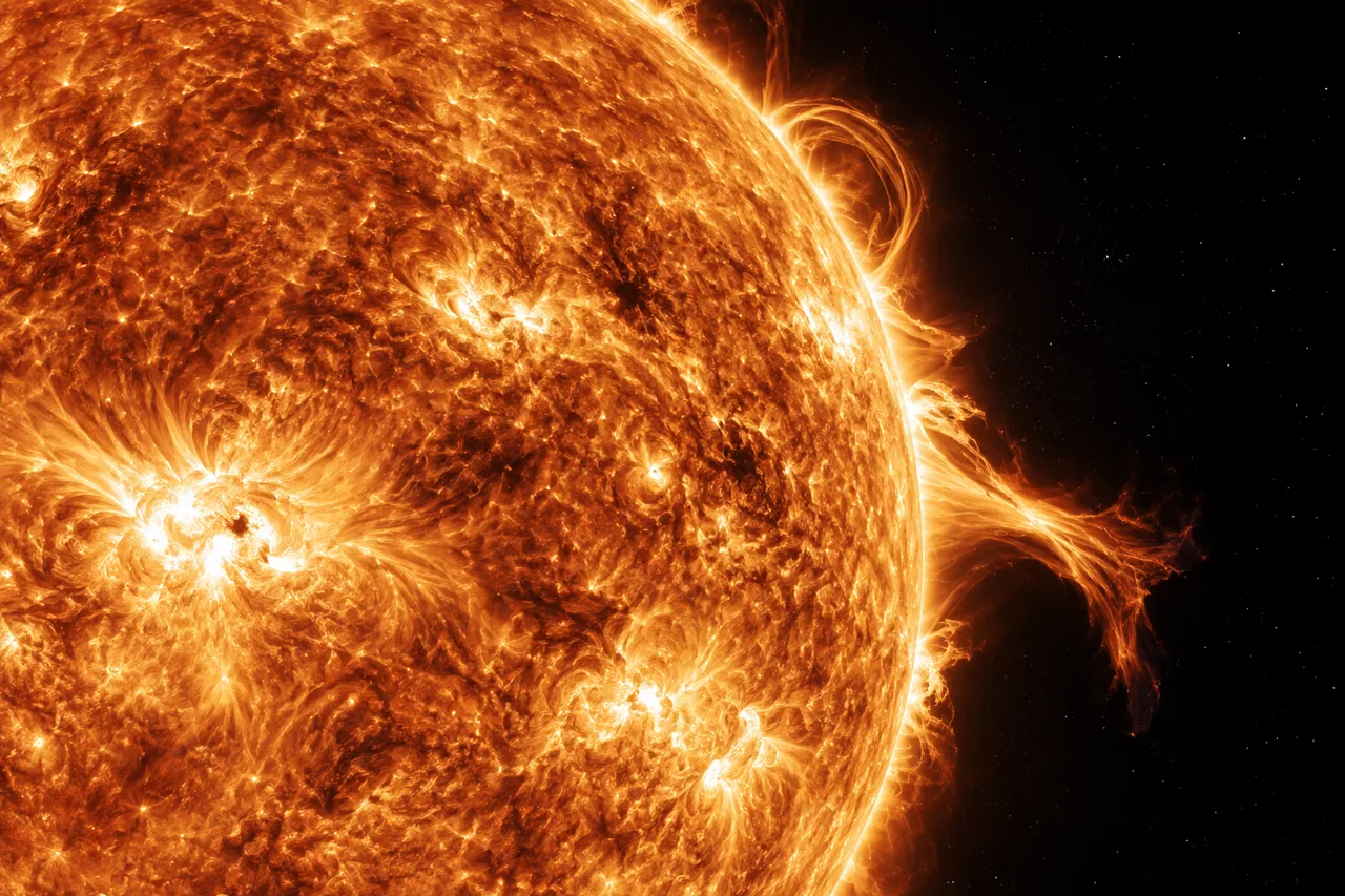 An artistic study of the Sun with visible surface texture and prominences.