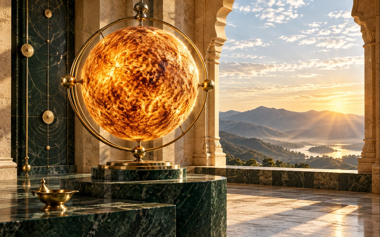 A textured solar sculpture in a brass hoop, lit by morning sun in an emerald-stone gallery.