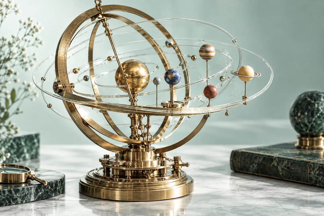 A precision brass astronomical armillary instrument with translucent orbital arcs on a cool mint-white studio surface.