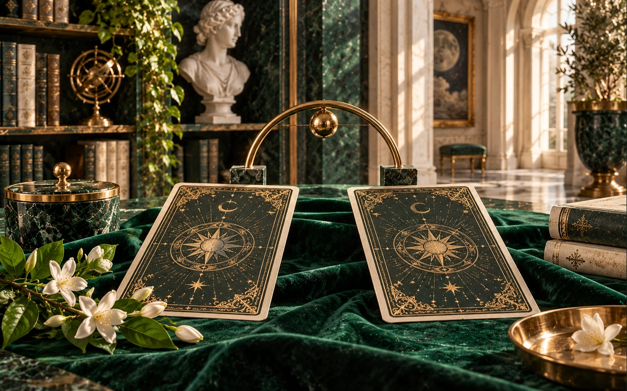 Two original decorative tarot cards beside a brass reading frame on a dark green desk; conceptual pairing art, not a real draw or a fixed prediction.