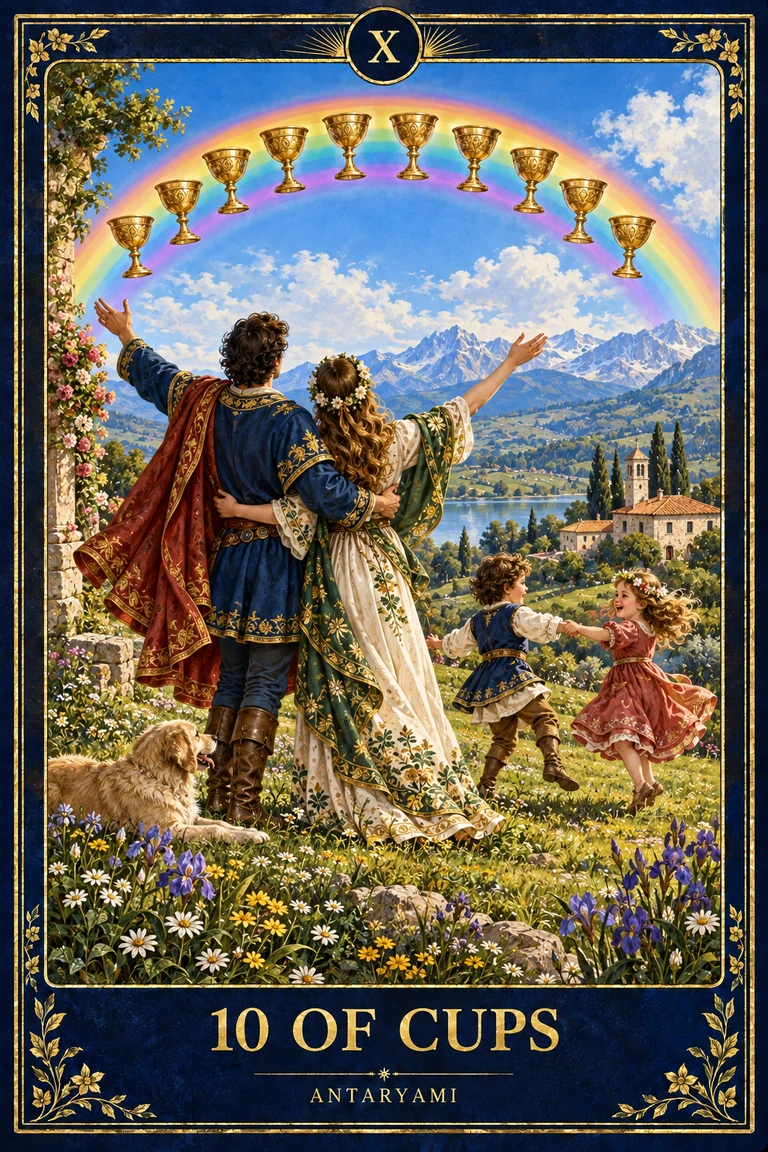 Original Antaryami Ten of Cups artwork showing adults and children near a home beneath a rainbow containing ten cups.