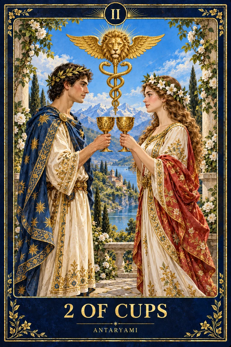 Original Antaryami Two of Cups artwork showing two adults exchanging cups beneath a winged lion and caduceus motif.