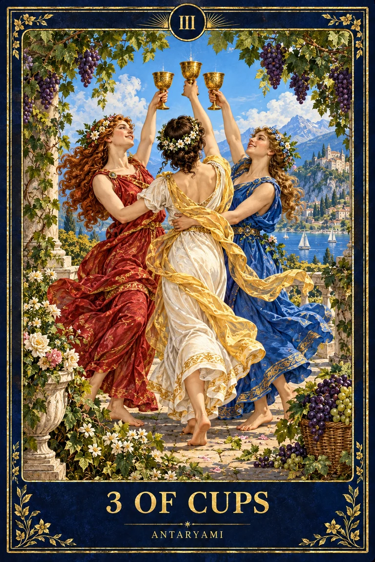Original Antaryami Three of Cups artwork showing three figures raising cups together in a colourful garden.