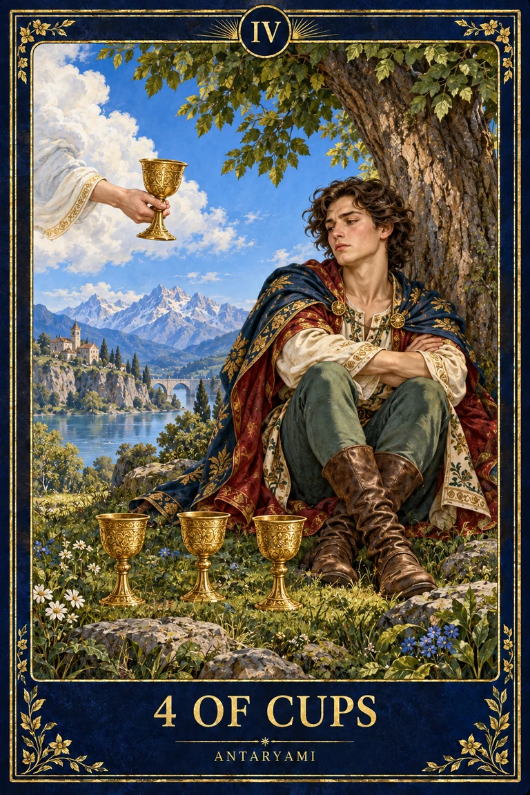 Original Antaryami Four of Cups artwork showing a seated figure under a tree, three cups on the ground and a fourth offered from a cloud.