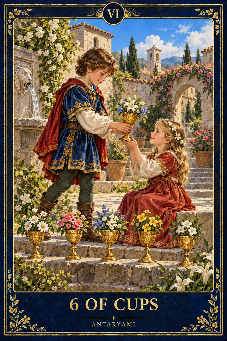 Original Antaryami Six of Cups artwork showing two young figures sharing a flower-filled cup in a courtyard with six vessels.