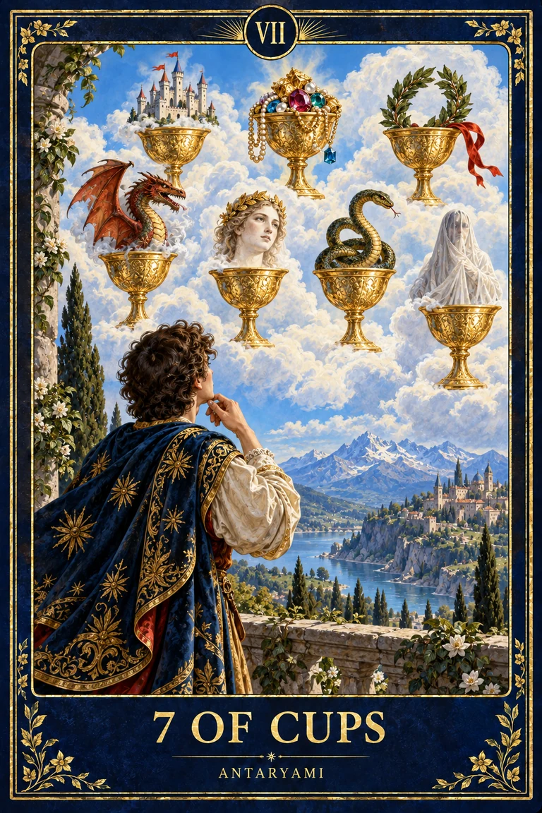 Original Antaryami Seven of Cups artwork showing a figure facing seven floating cups with different visions among clouds.